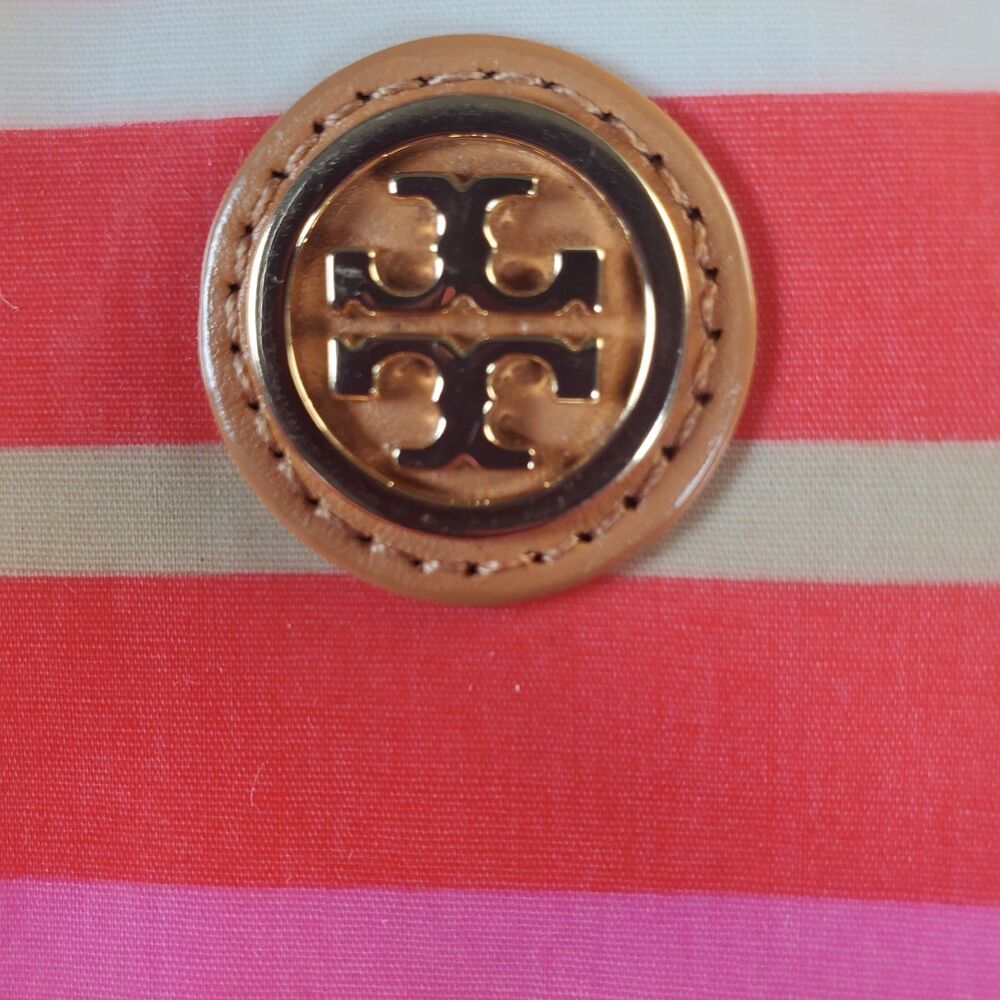 Tory Burch Women’s Cosmetic Bag Poppy Red Striped Brigitte Case Zip Log 5x9.25" - Picture 4 of 12